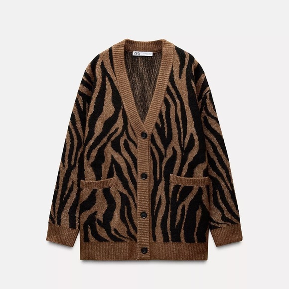 Zara Brown and Black Animal Print Cardigan - Picture 1 of 2